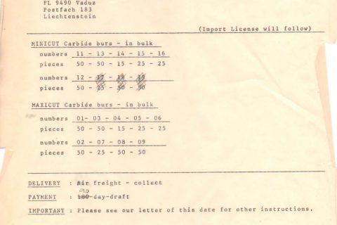 Primeira ordem de pedido feito pela Labordental à Edenta do ano de 1981